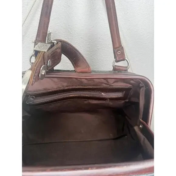 VTG Handbag Brown Western Satchel Crocodile Embos Cowhide Silver Buckle Boho - Picture 3 of 6